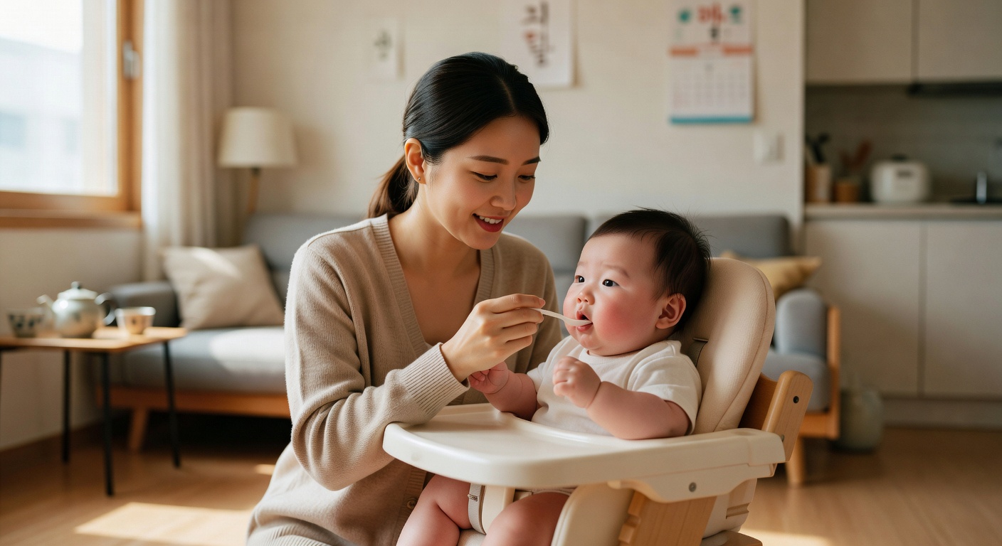baby being fed with a spoon in a bright living room