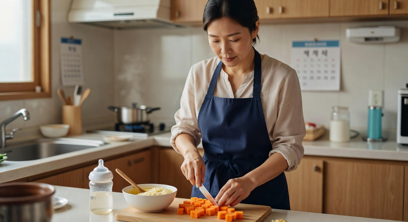 Korean mother preparing baby food in kitchen