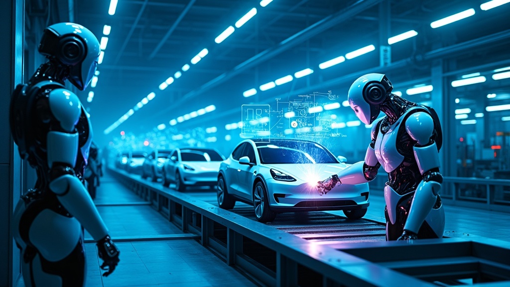Brazo robótico de Tesla ensamblando componentes, parte de la inversión en robótica IA