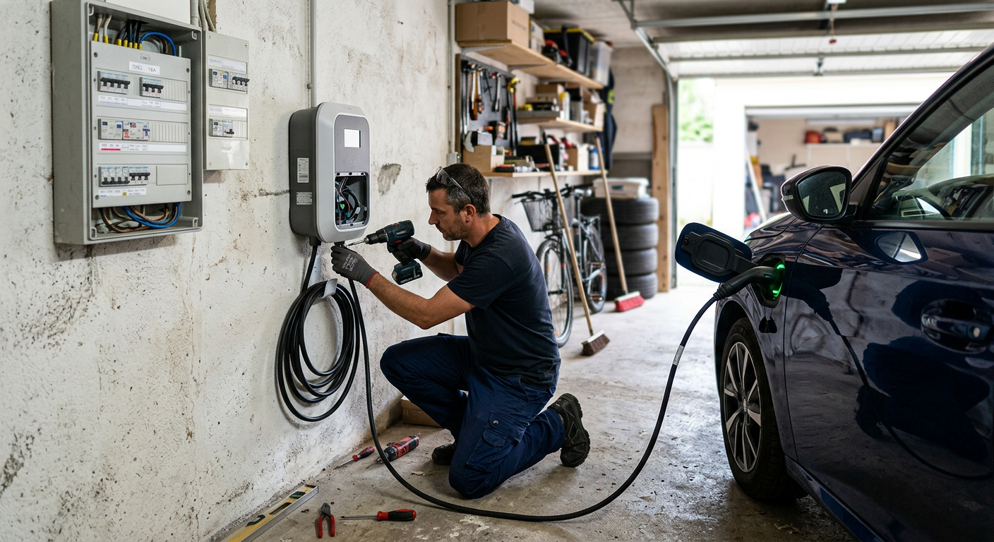 Installateur posant une borne de recharge électrique IRVE moderne dans un garage individuel avec véhicule en charge et tableau électrique mural.
