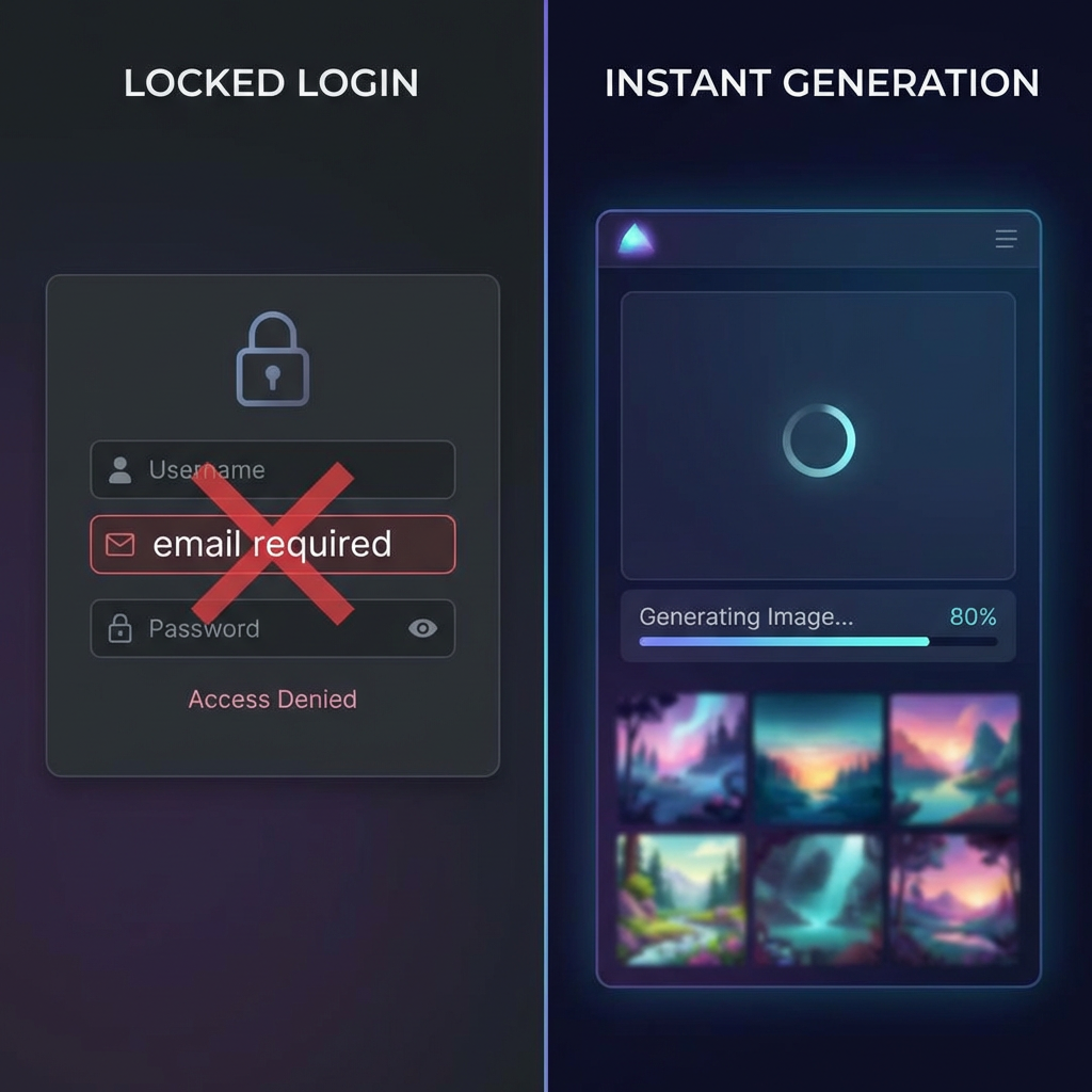 Nano banana without login split-screen comparison: login wall vs instant generation