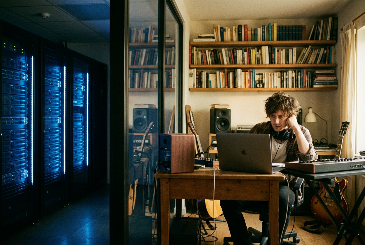 A split-screen showing a dark server room filled with racks of computers generating fake music streams on the left side, and an independent musician sitting alone in a bedroom studio on the right side looking at a laptop screen showing declining royalties, with warm amber lighting on the musician's side and cold blue light on the server room side