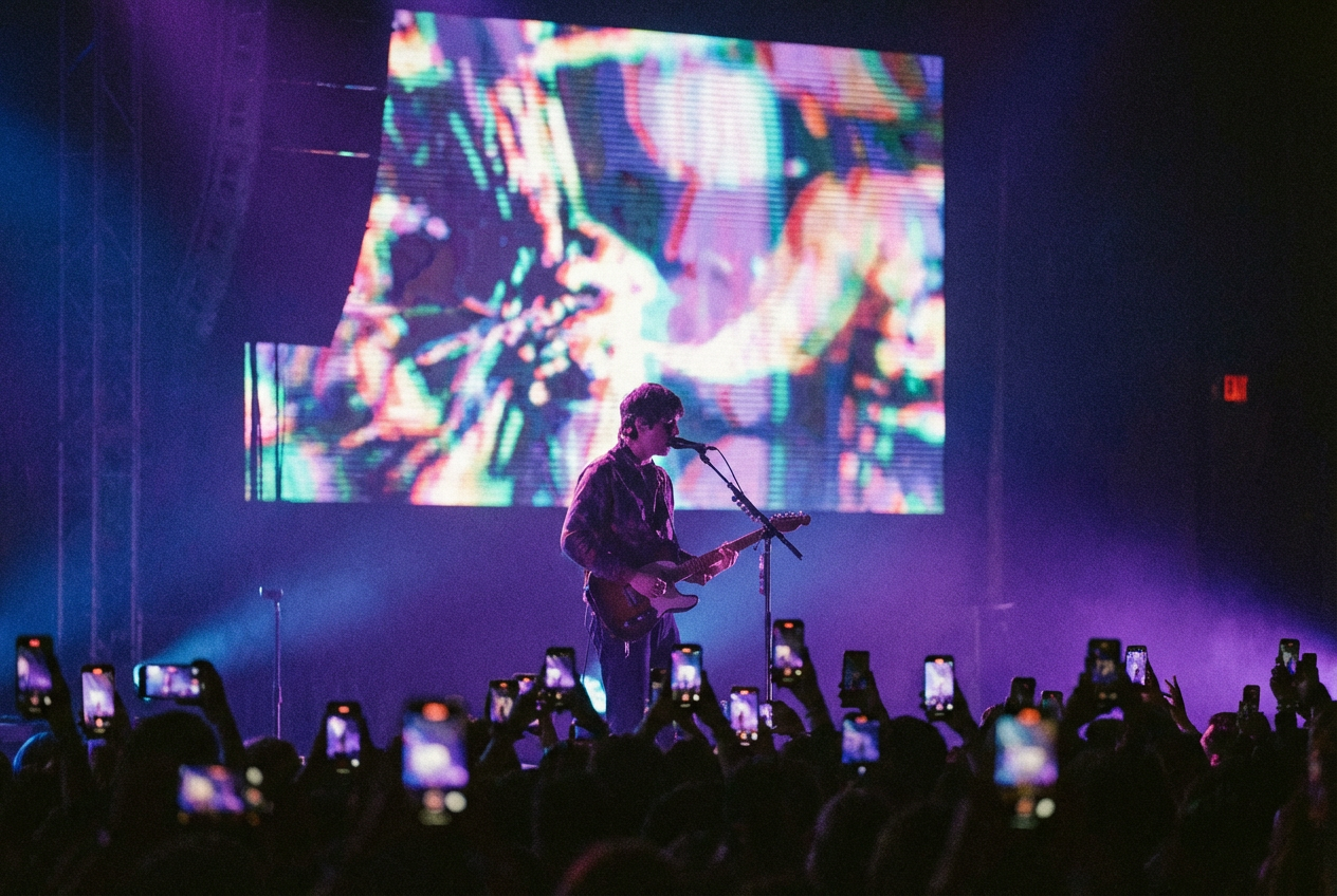 An independent musician triumphantly performing on stage in front of a large video screen displaying their AI-generated music video, with an enthusiastic crowd of fans in the foreground holding up phones, colorful stage lighting in purple and blue, energy and excitement in the scene