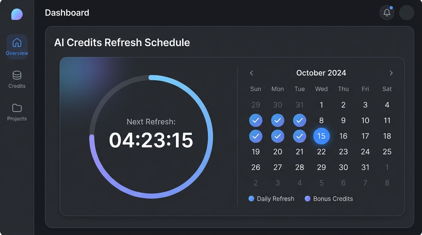 Nano banana 2 image generator daily recharge dashboard with countdown timer and calendar grid