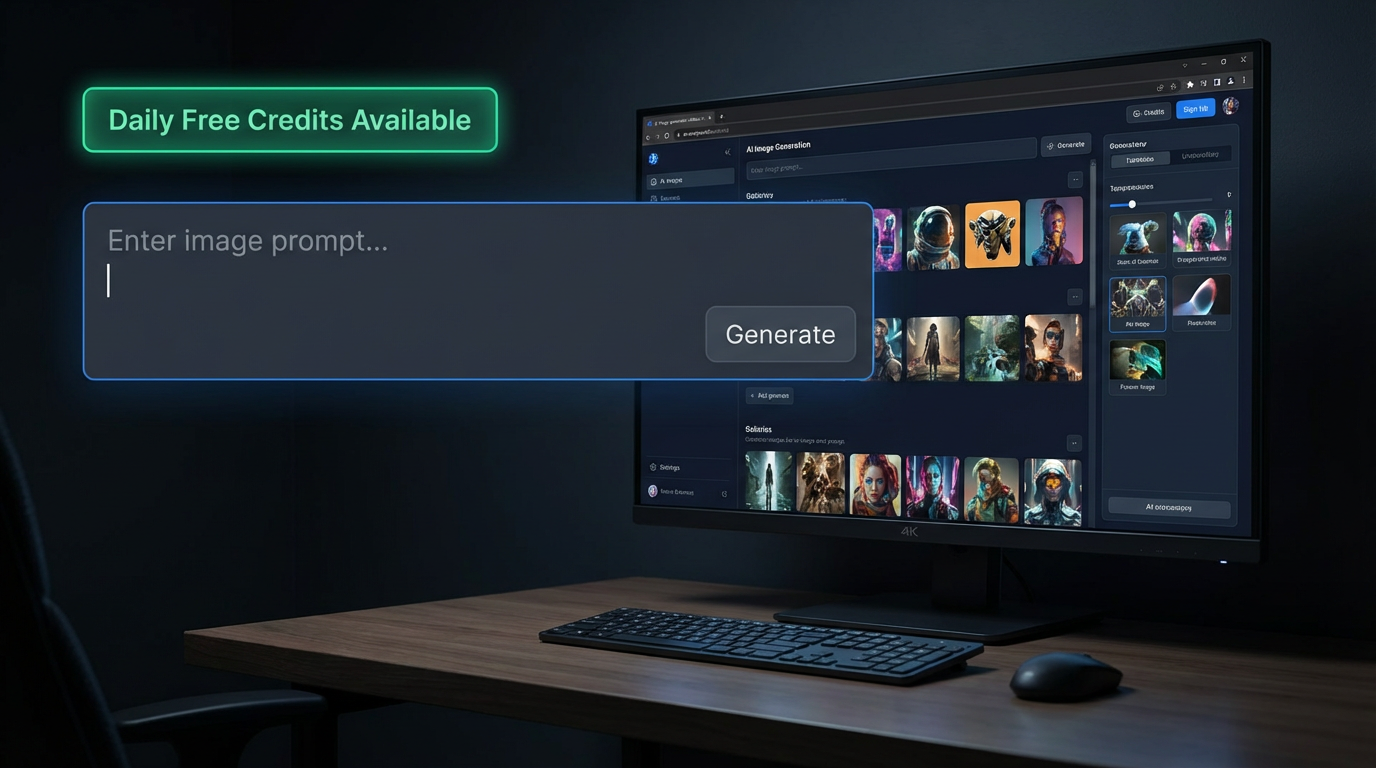 Free daily AI image generator workspace with Daily Free Credits Available green badge