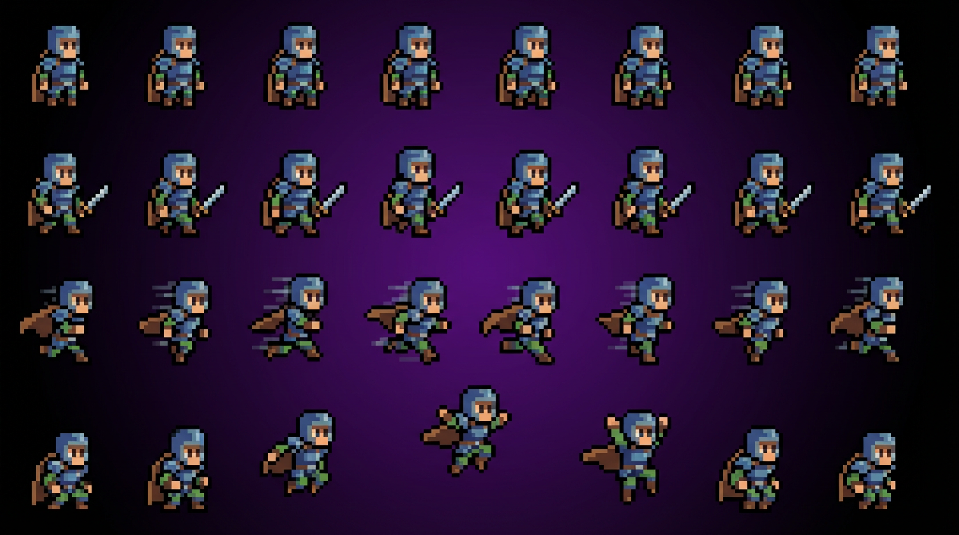 Pixel art character sprite sheet with walk cycle frames — idle, run, jump poses — classic 16-bit game style