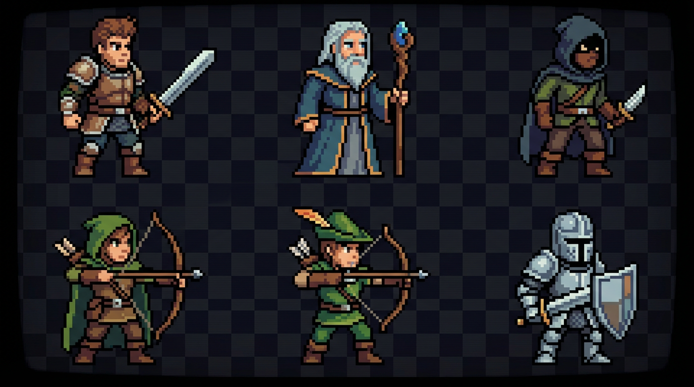 Gallery of pixel art characters — warrior, mage, rogue, ranger, archer, knight — RPG class variety, 32x32 retro game sprite style