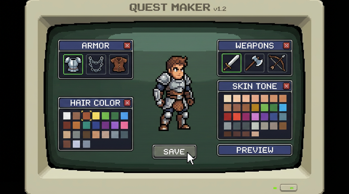 Character builder UI showing pixel art customization options — armor, weapons, hair colors, skin tones — retro game dev interface