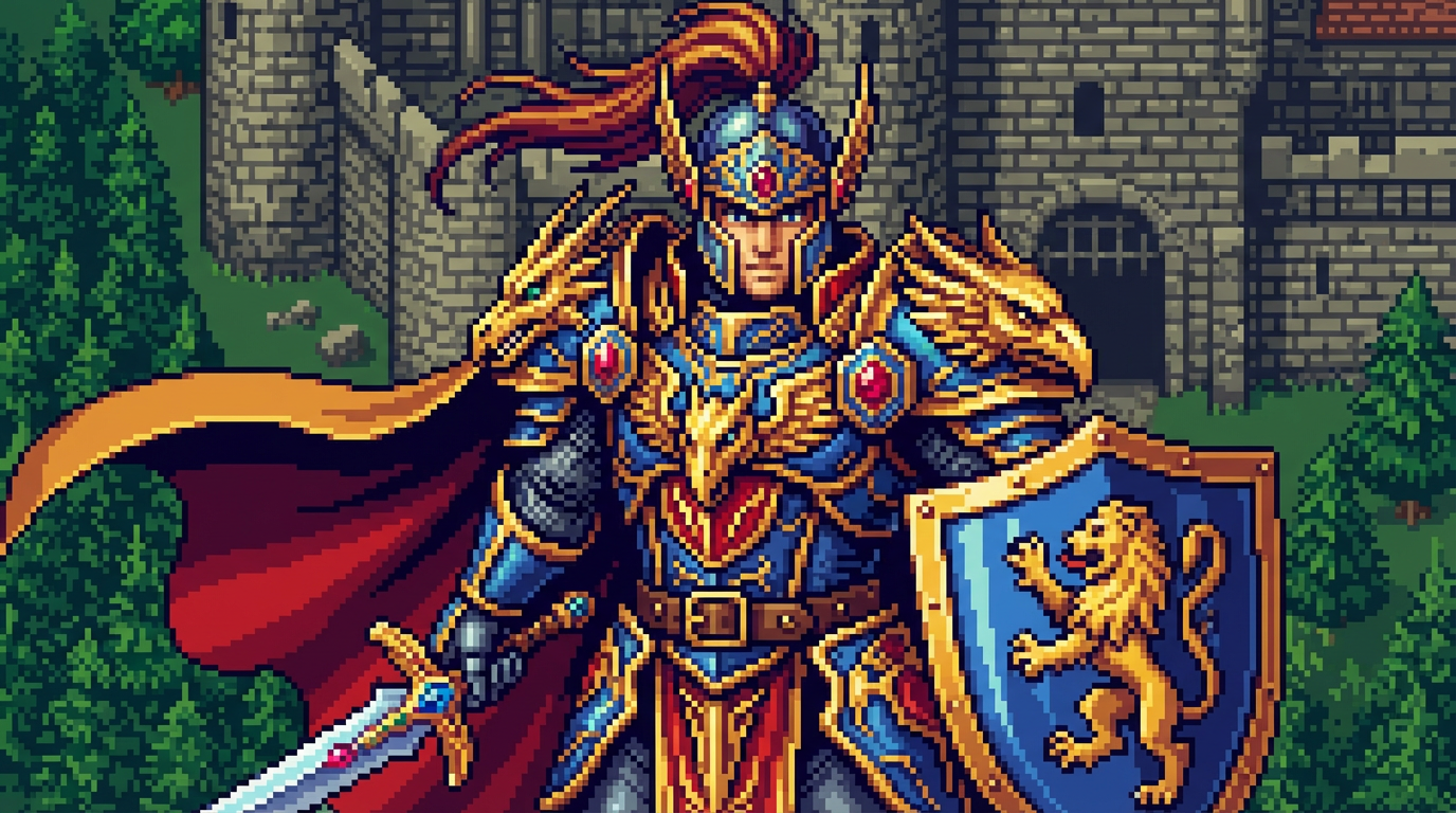 Pixel art hero character in elaborate fantasy armor with sword and shield, detailed 16-bit JRPG style portrait