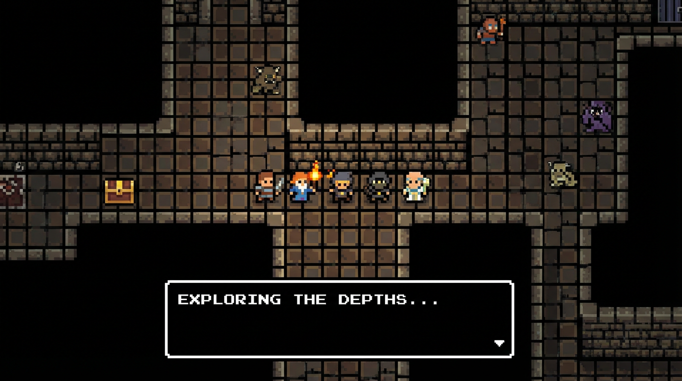 Top-down view of pixel art characters exploring a dungeon — adventuring party with torches, retro RPG game scene