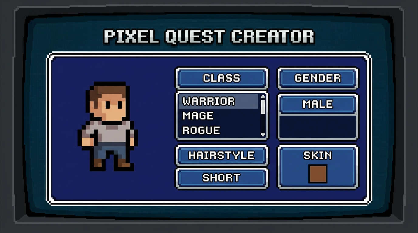 Character editor dropdown menu showing pixel art customization — class, gender, hairstyle, skin — game character creator UI