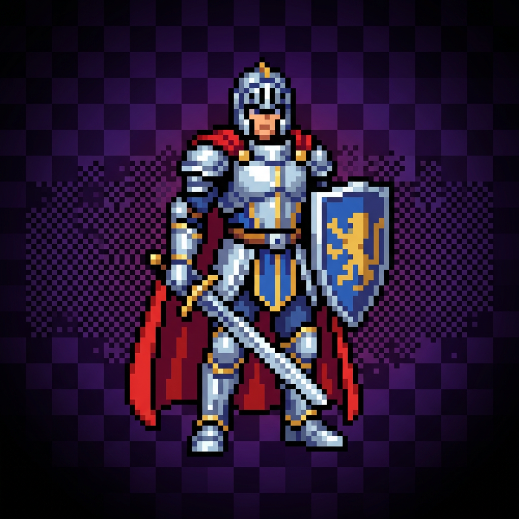 Free pixel art character of a fantasy knight with shining armor and red cape in 16-bit SNES RPG style, AI-generated pixel art sprite