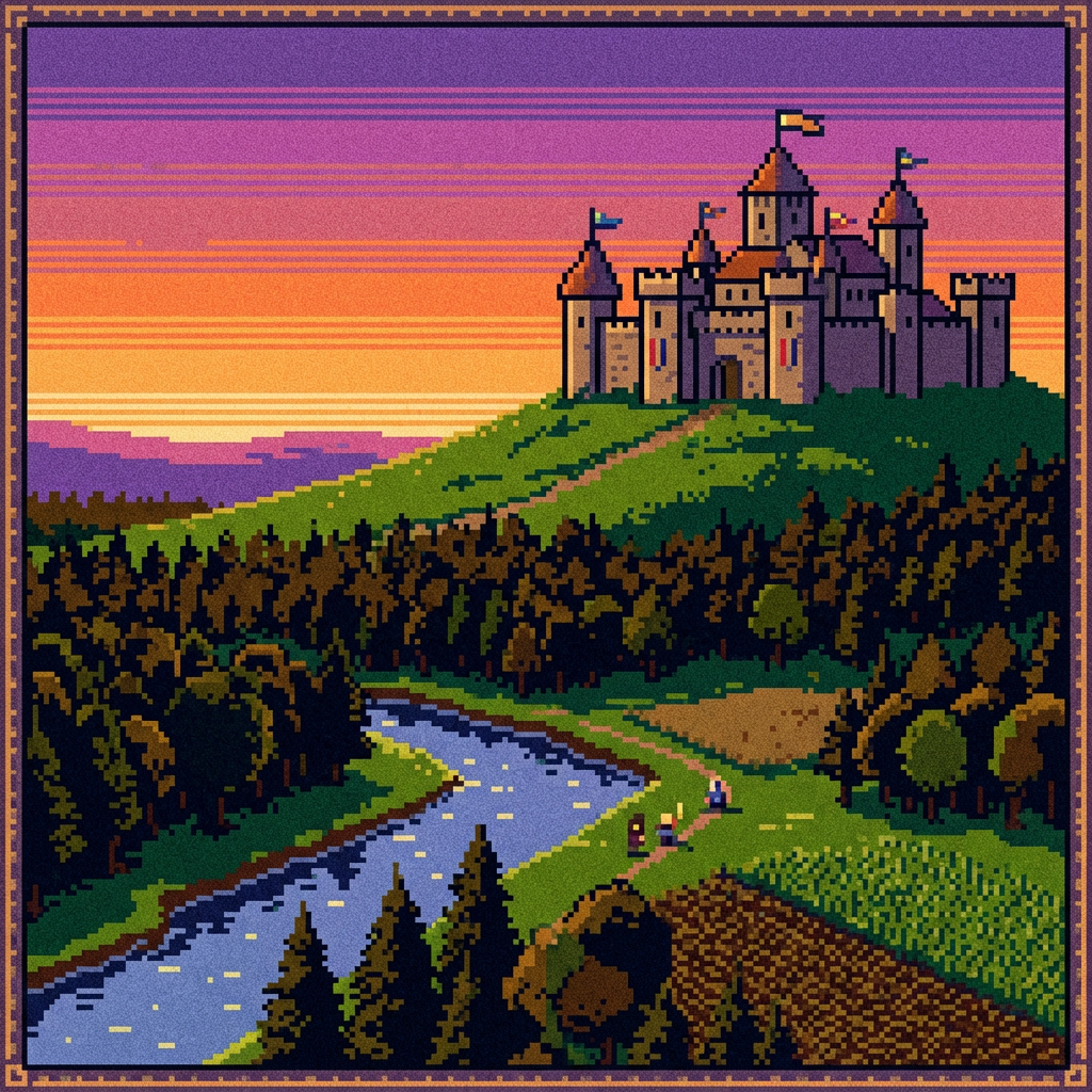 Free AI pixel art landscape with medieval castle on hilltop at sunset, 16-bit retro gaming scene with pixel trees and river