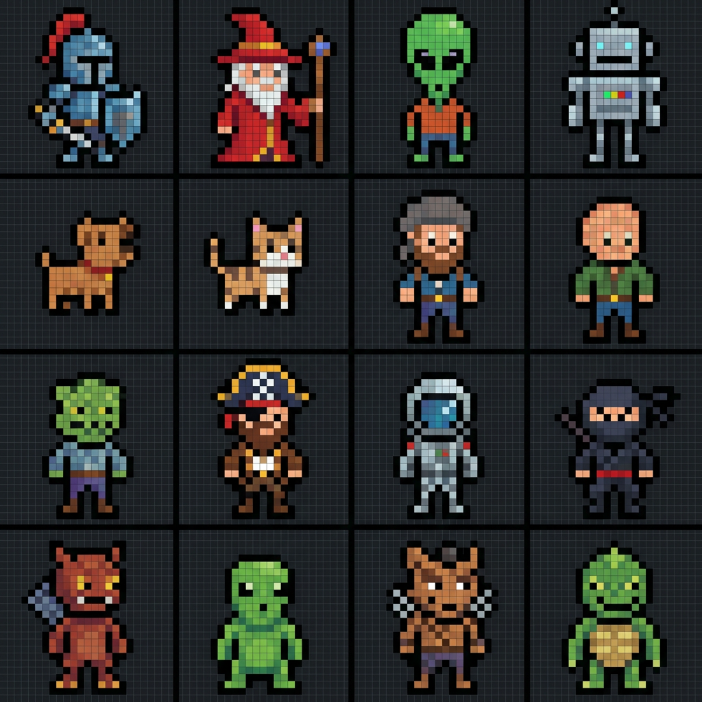 Pixel art character sheet with knight wizard alien robot and cute pet in uniform 32x32 game sprite style, free AI pixel art generator output
