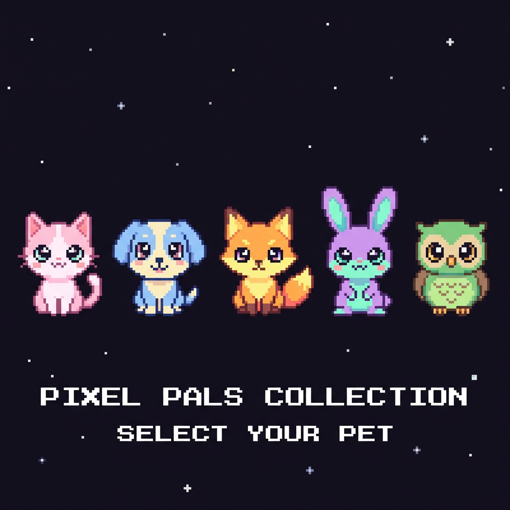 Cute chibi pixel art animals — cat dog fox bunny owl — kawaii 8-bit pet sprites generated by free pixel art AI