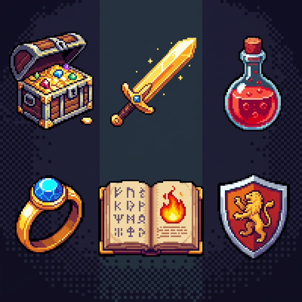 Pixel art RPG item collection including treasure chest sword potion and shield, 16-bit game items created with free AI pixel art maker