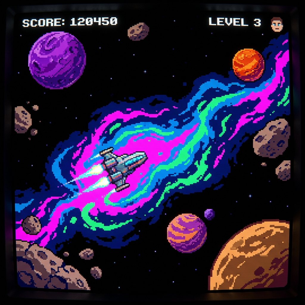 Pixel art space scene with retro spaceship flying through colorful nebula, 16-bit arcade shooter aesthetic from free pixel art generator
