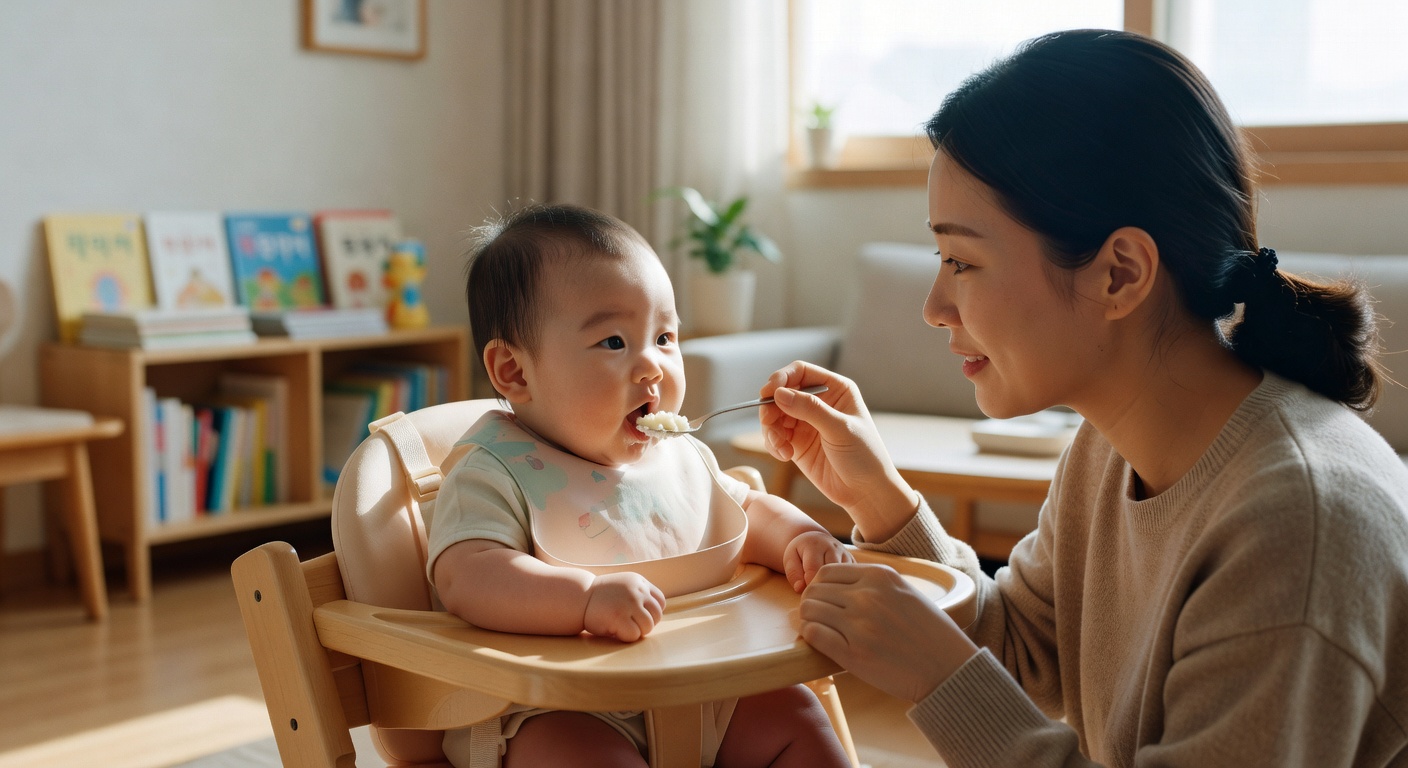 baby sitting in high chair being fed with spoon