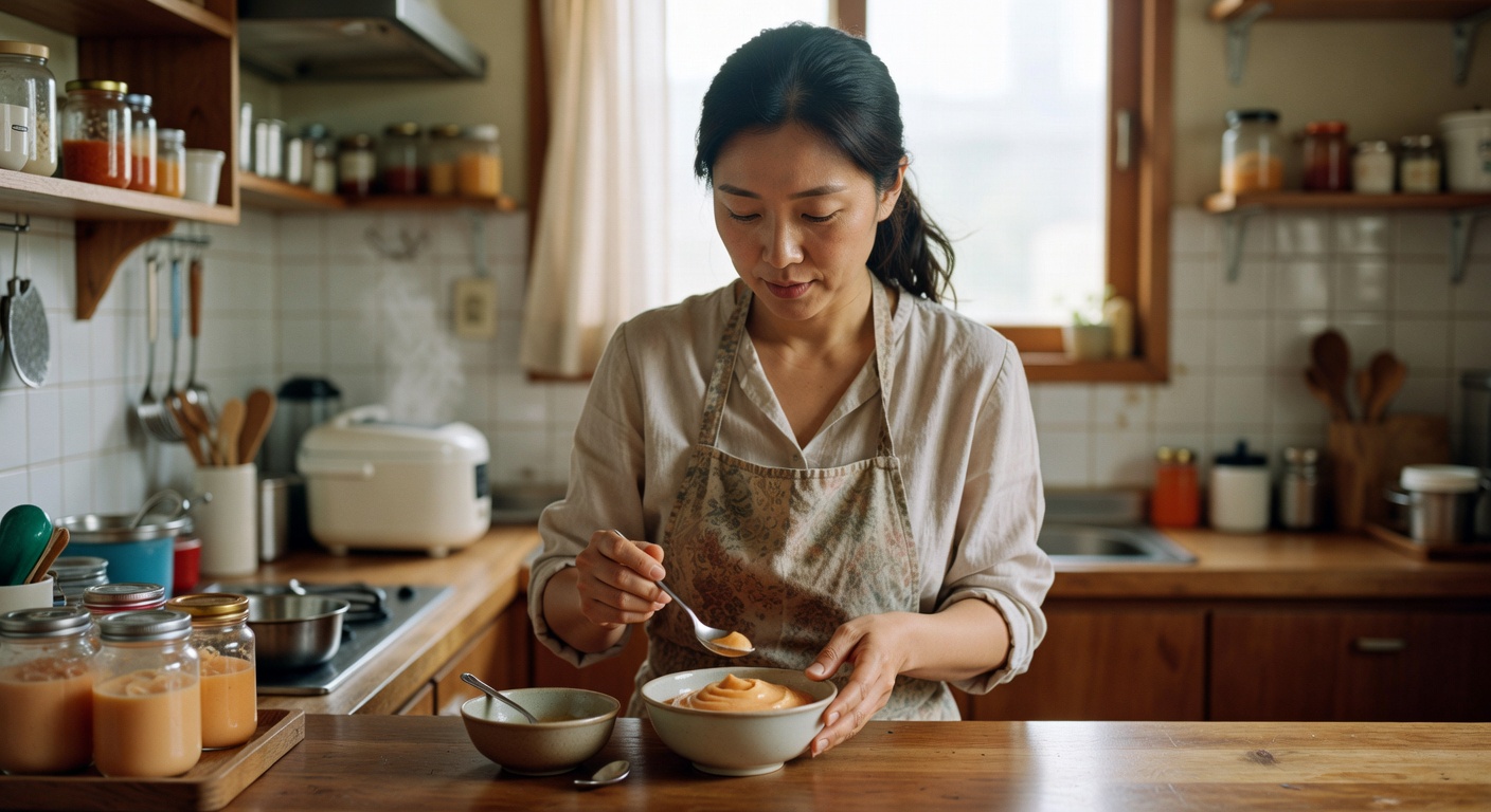 Korean mother preparing baby food in kitchen