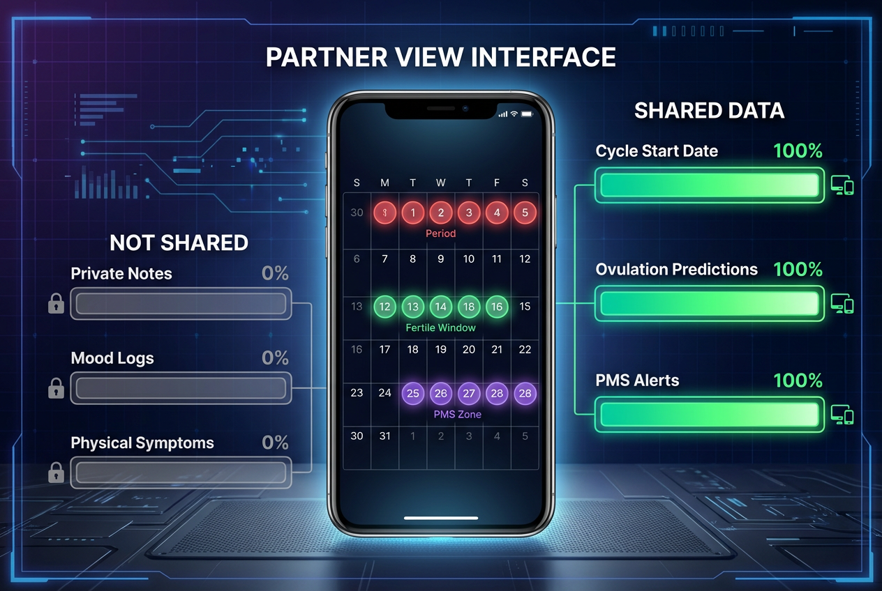 Visual dashboard showing the specific data shared in Clue Connect, including period dates and PMS zones, while highlighting private symptoms are hidden.