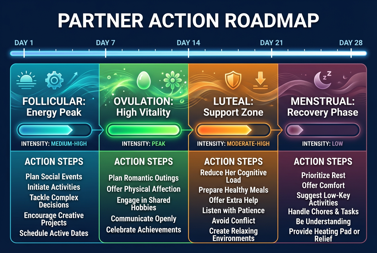 A partner’s roadmap for Clue Connect, translating menstrual cycle phases like Luteal and Follicular into actionable support tips for men.