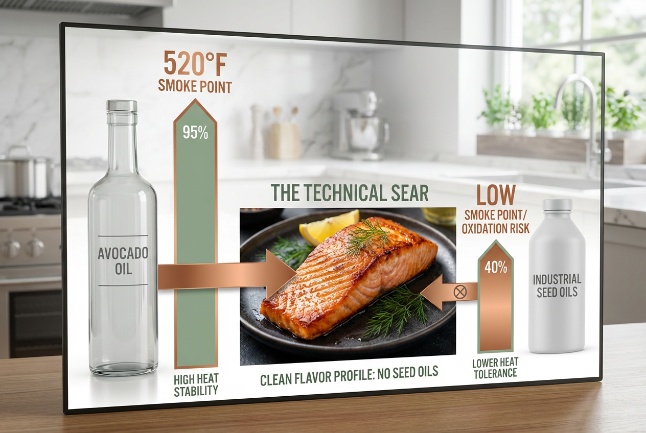 Comparison infographic showing avocado oil benefits over seed oils with a seared salmon fillet as a technical culinary example at True Food Kitchen.