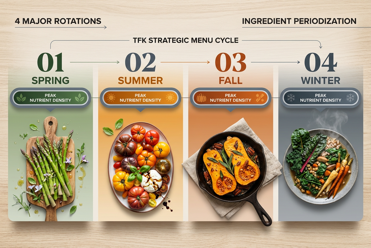 Seasonal menu timeline for True Food Kitchen displaying the four major ingredient rotations and peak seasonal produce for health-conscious foodies.
