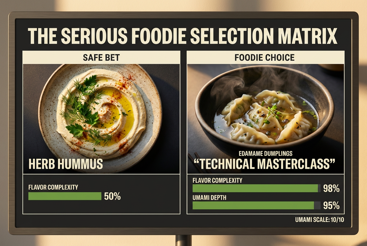 Culinary comparison chart showing flavor complexity bars between the safe herb hummus and the high-umami technical edamame dumplings.