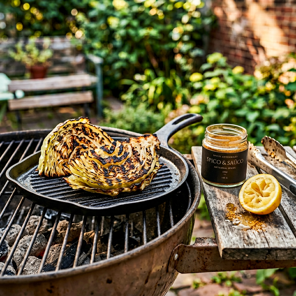 Grilled cabbage wedge on charcoal with UNU jar