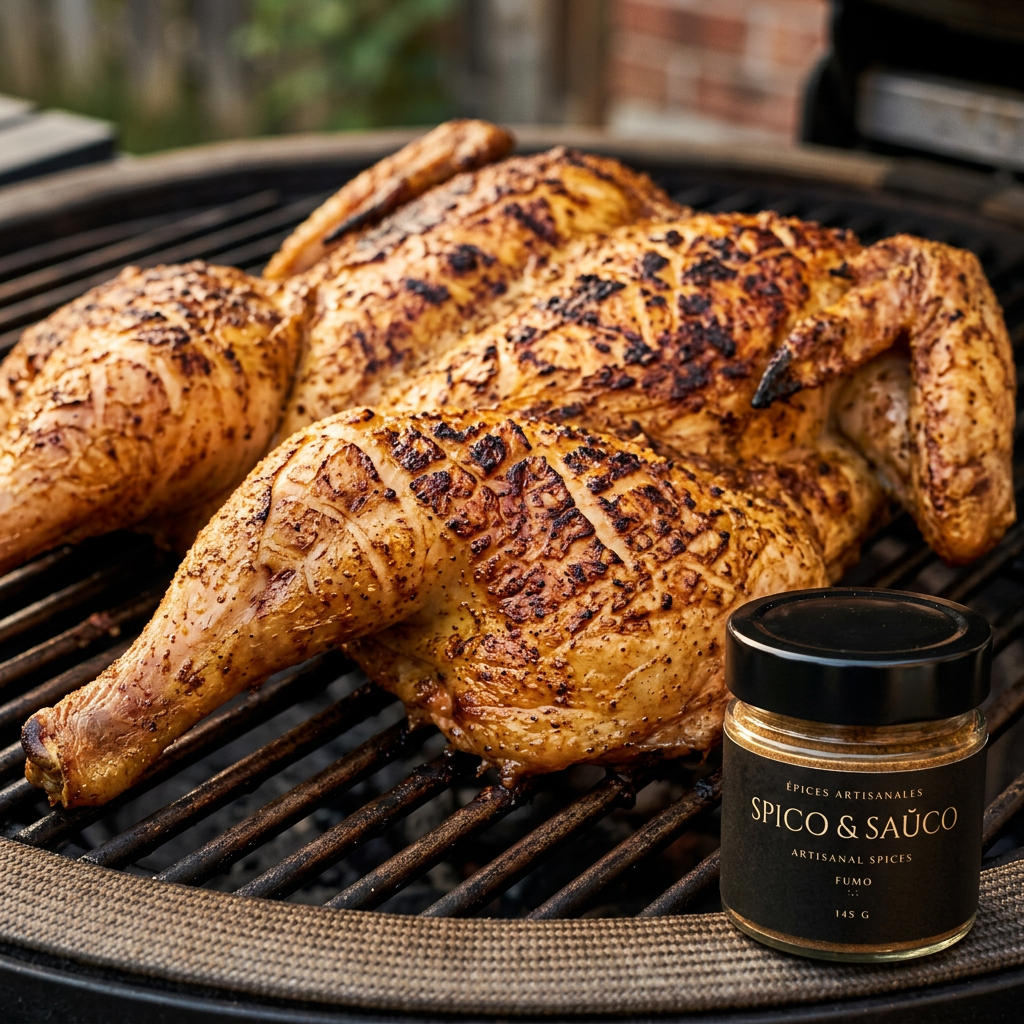 FUMO spatchcock chicken on charcoal grill