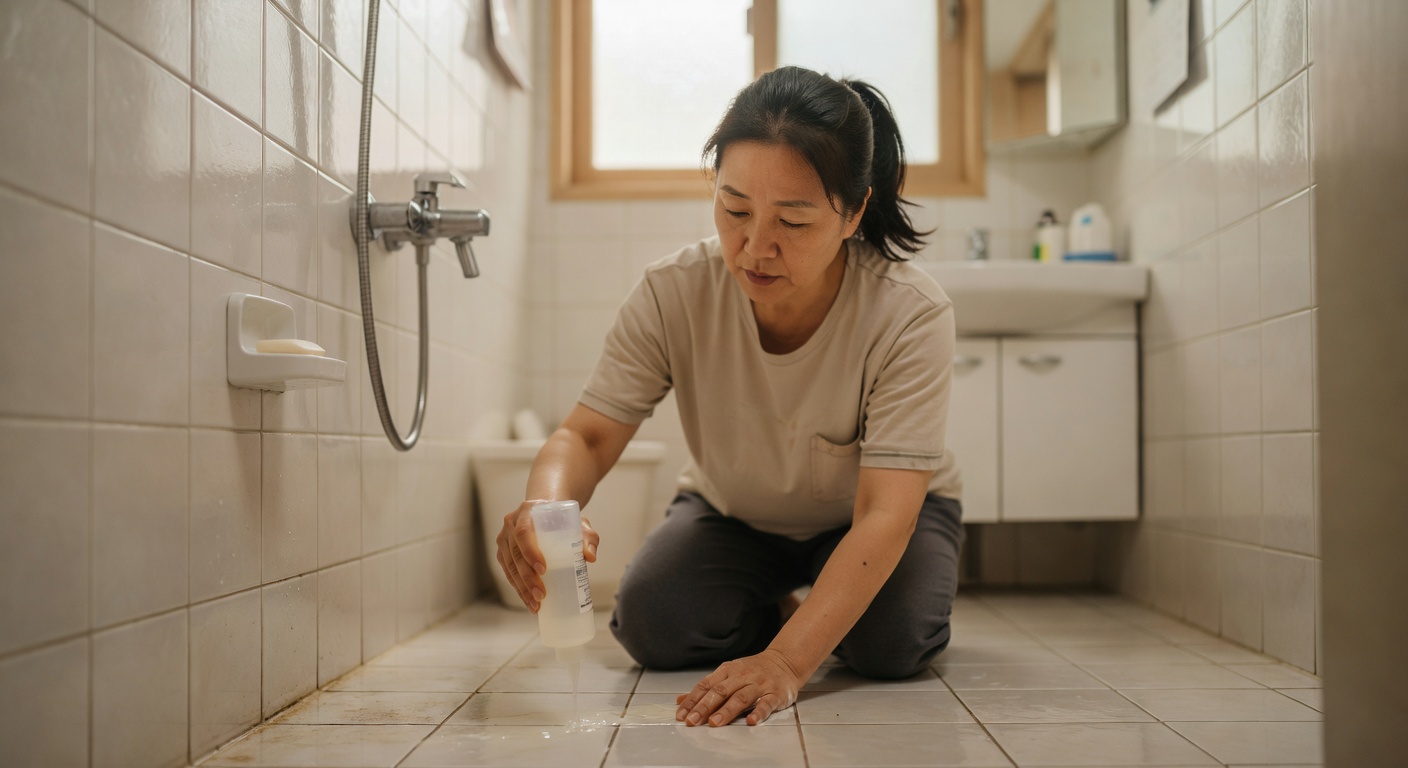 person applying mold remover gel on bathroom tile grout