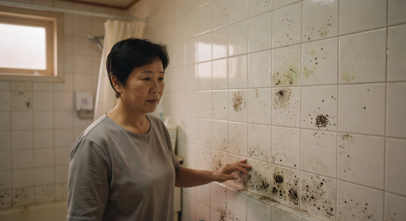 moldy bathroom wall with visible black spots near tile grout