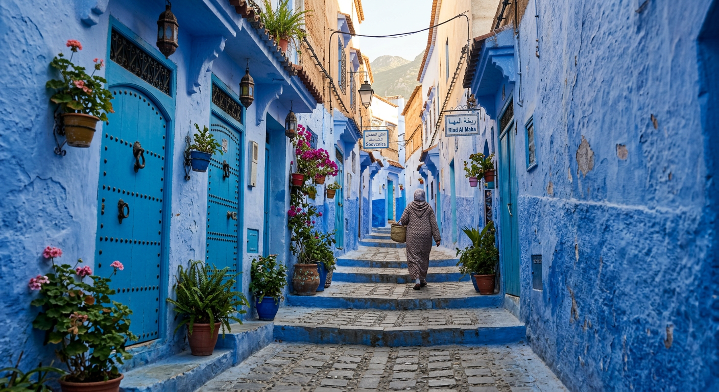 Chefchaouen travel guide: narrow blue-painted alleyway and traditional Moroccan doorways in the medina, warm morning sunlight