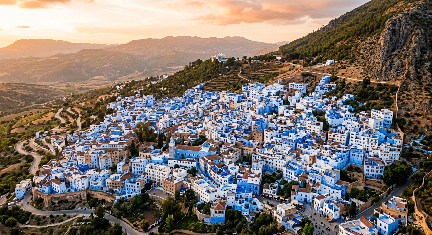 Panoramic view of Chefchaouen blue rooftops cascading down Rif Mountains hillside at golden hour