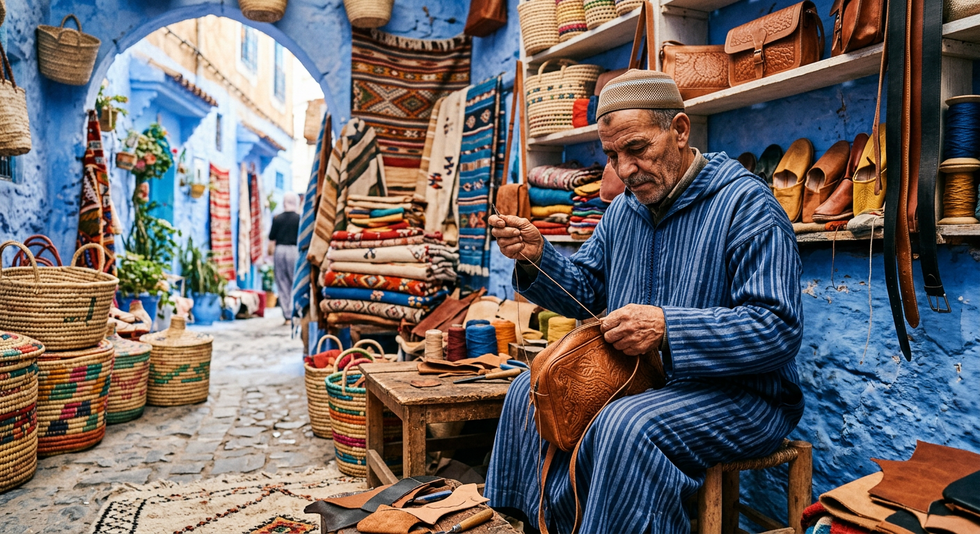 Chefchaouen travel guide: artisan workshop with traditional woven crafts, colorful textiles, and leather goods