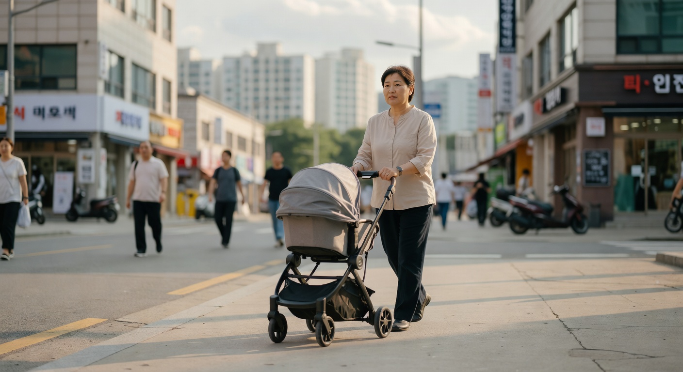 Korean parent pushing a baby stroller on a city sidewalk
