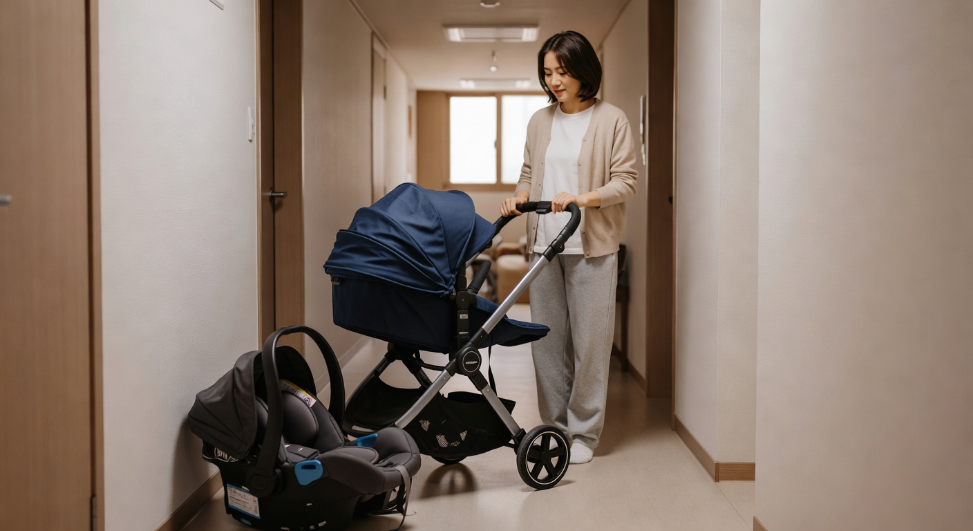 baby stroller next to a car seat in a Korean apartment hallway