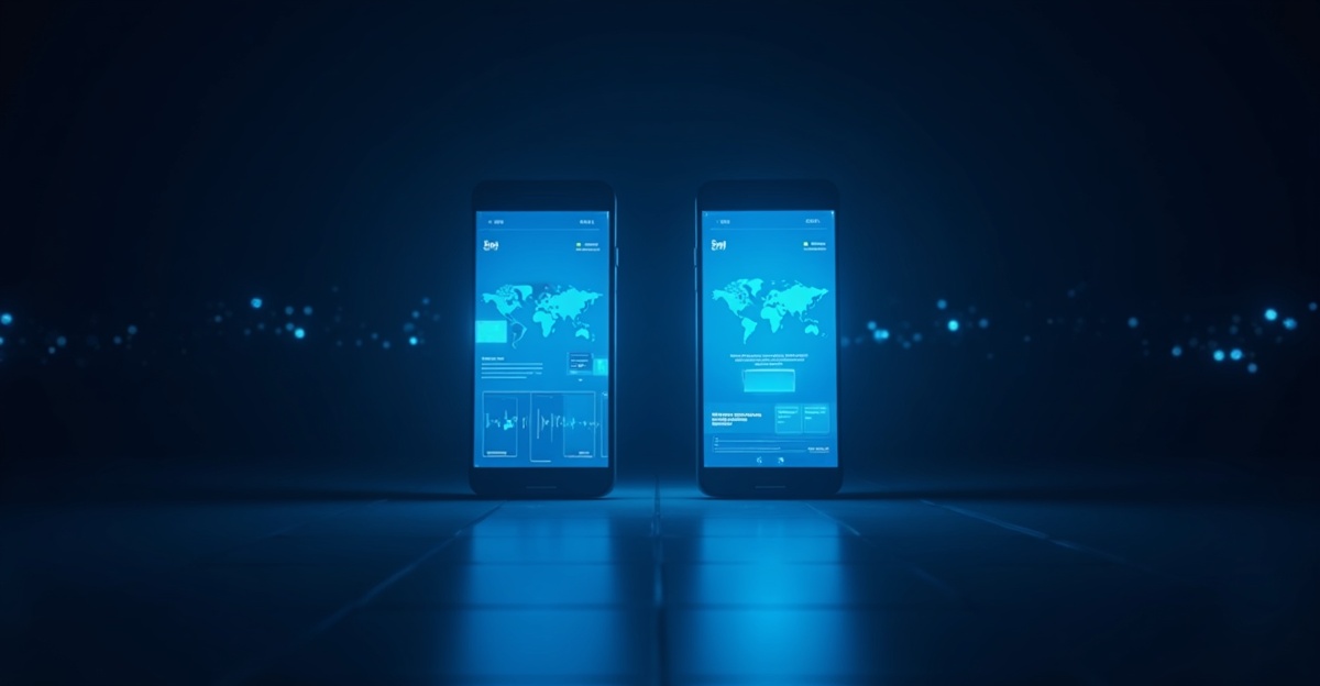 Minimalist dual smartphone screens glowing with blue news feeds on dark background, symbolizing SmartNews vs Inshorts comparison