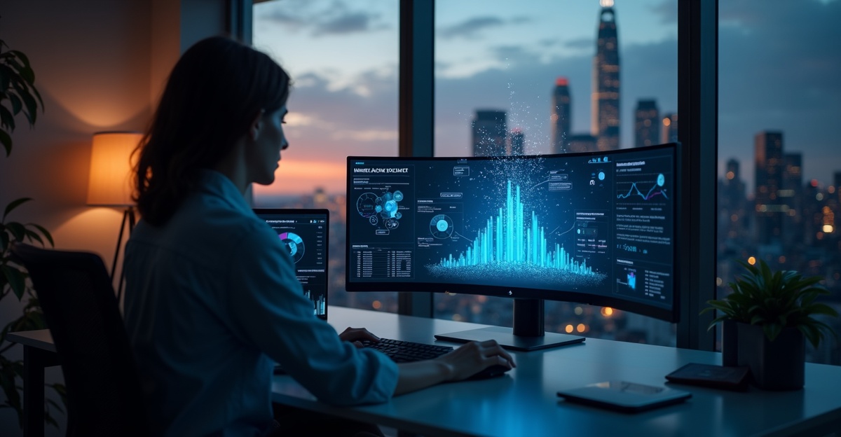 Dynamic dashboard of SEO automation tools glowing in a modern solopreneur office at golden hour, evoking efficiency and control