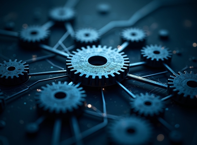 Macro view of SEO automation blueprint with interconnected gears and data flows, illustrating core concept of automated processes