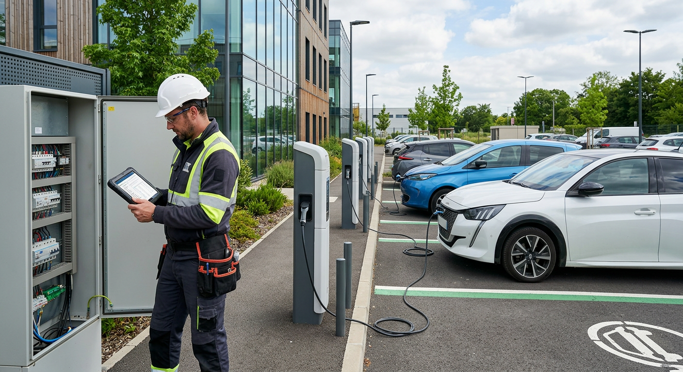 Parking sécurisé avec plusieurs voitures en recharge sur des bornes de recharge électrique IRVE et un professionnel inspectant les installations