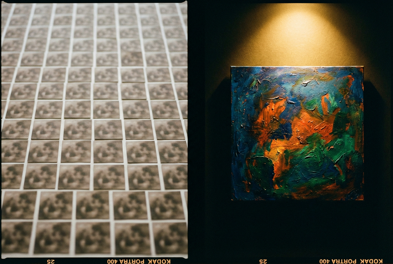 alt text: A split-screen visualization showing a wall of identical generic album covers on the left side contrasted with a single unique colorful hand-painted album cover on the right side, dramatic spotlight on the human-made art