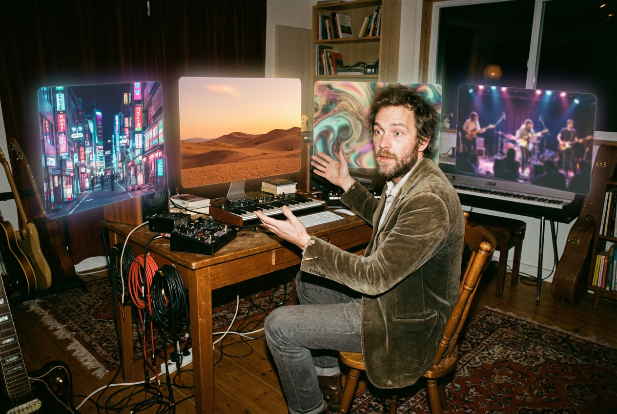 alt text: A musician in a home studio surrounded by floating holographic screens showing different AI-generated music video scenes for different genres