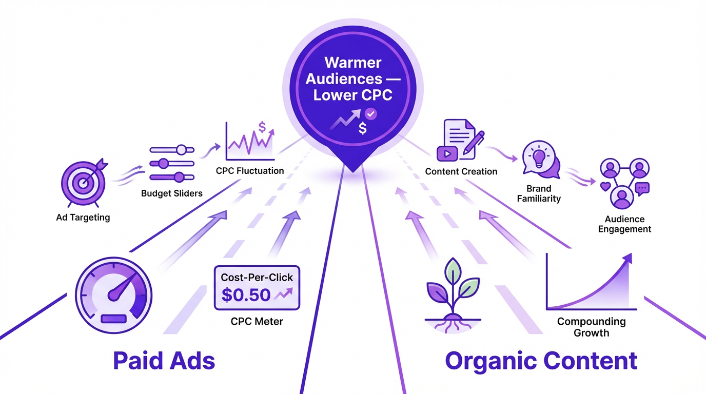 Diagram comparing paid Facebook ads strategy and organic content marketing as complementary growth lanes