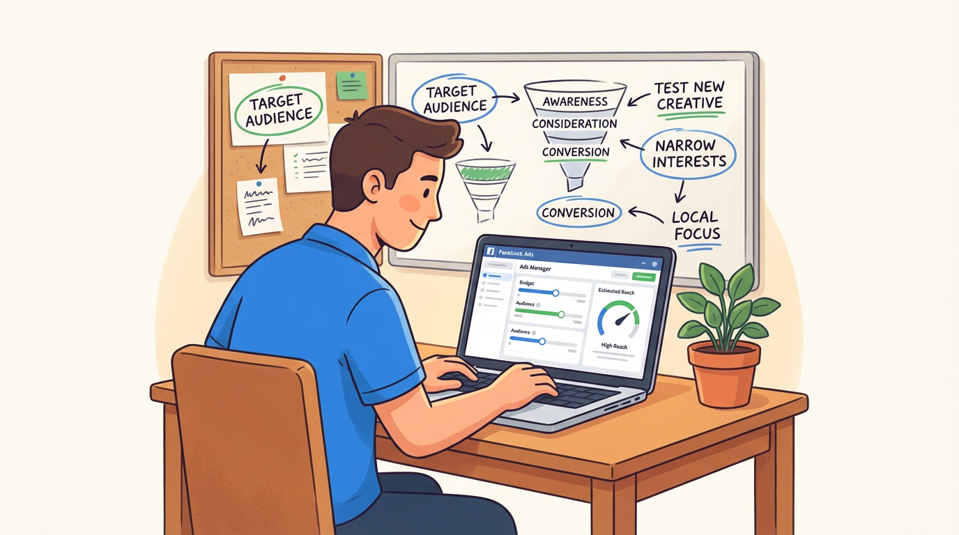 Small business owner using Facebook Ads Manager budget estimator for a low-budget campaign