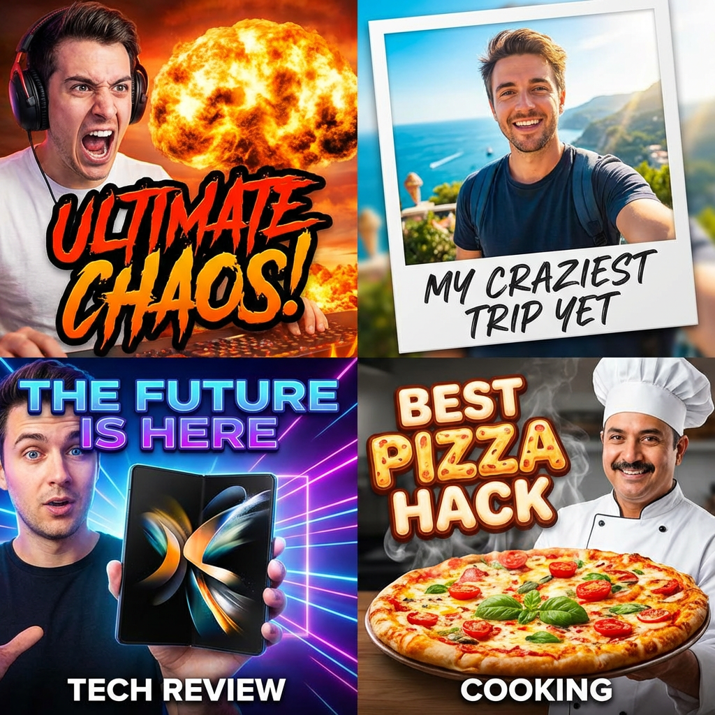 Multiple YouTube thumbnail styles in a grid showing gaming, lifestyle, tech and tutorial designs from the free thumbnail maker