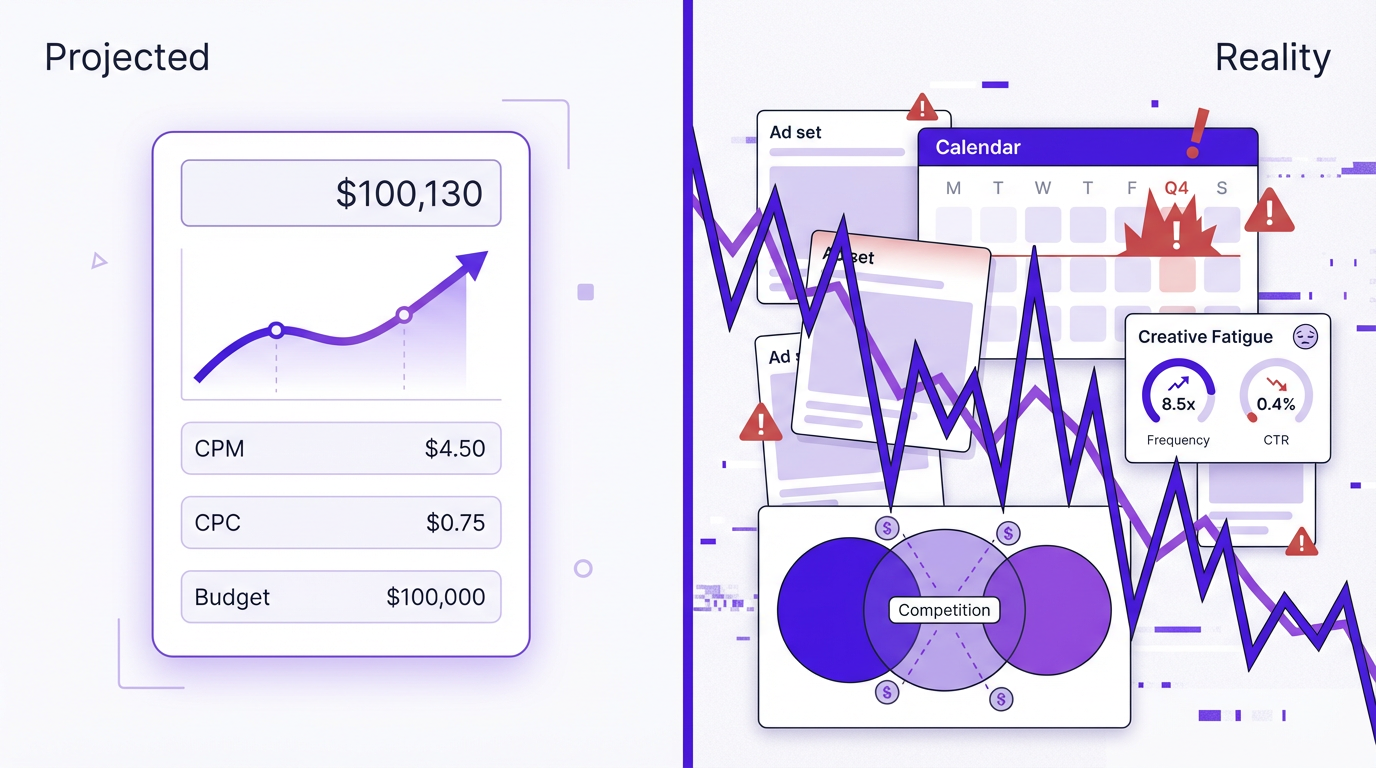 Illustration comparing simplified Facebook ad calculator output versus real-world campaign complexity