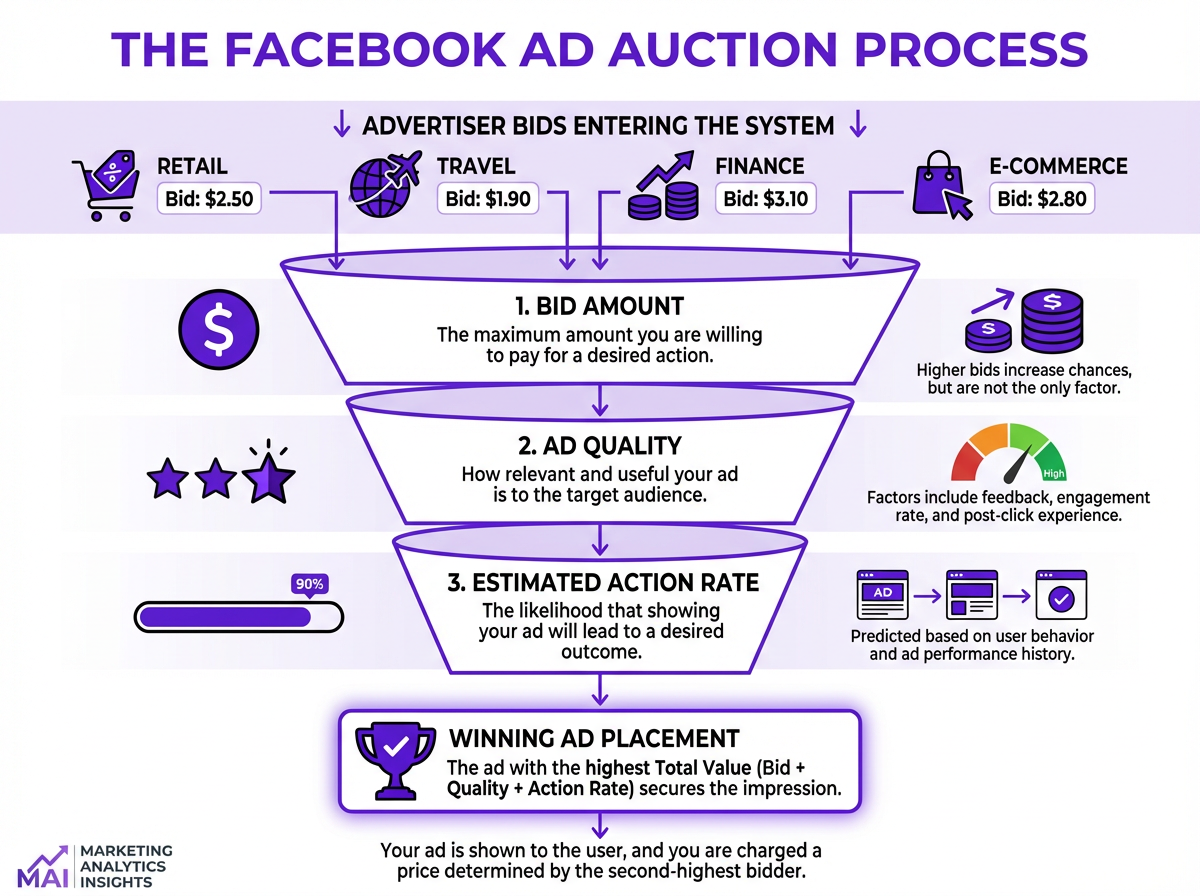Facebook ad auction process infographic showing bid, quality, and action rate factors