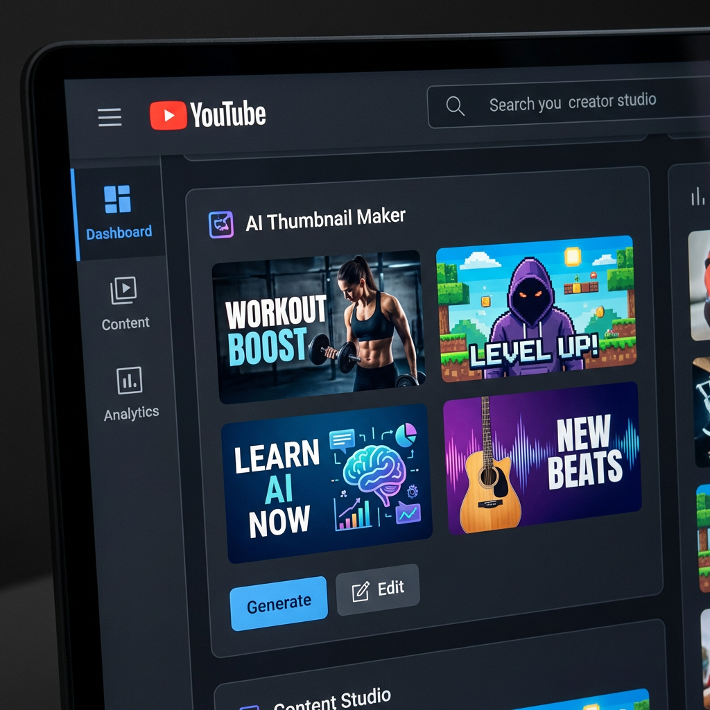 Multiple YouTube thumbnail variations on a creator dashboard mockup showing the free AI thumbnail maker workflow