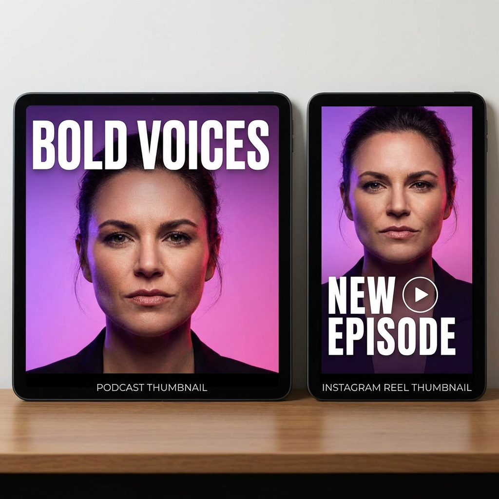 Bold podcast thumbnail and Instagram Reel thumbnail side by side, generated free with the AI thumbnail maker